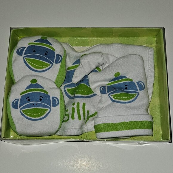 NEW Monkeez & Friends Gift Set Baby 3-6 Months Sock Monkey Hat Booties Bib Lot - Picture 1 of 5
